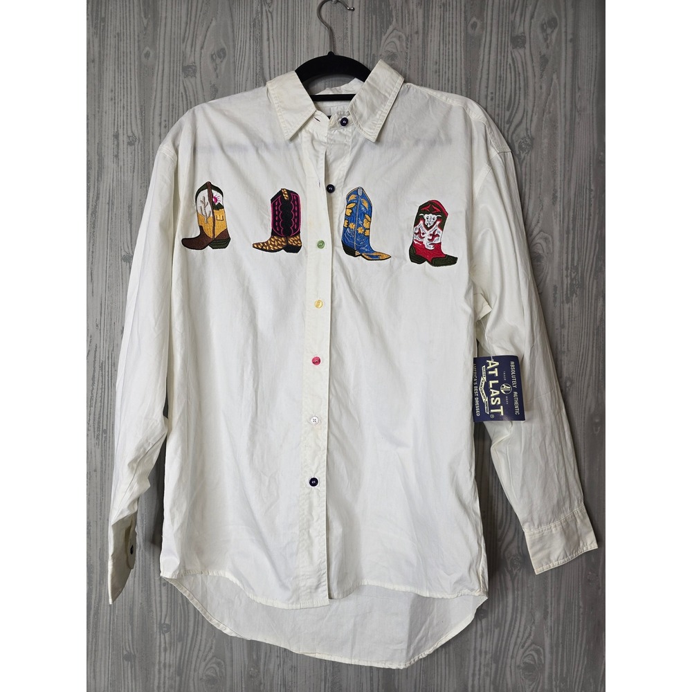 At Last Vintage Shirt Womens L Cowboy Boot Embroidered Western Deadstock White